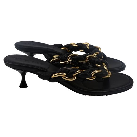 Bottega Veneta Chain Dot Kitten-Heel Thong Sandals in Black Nappa Leather
